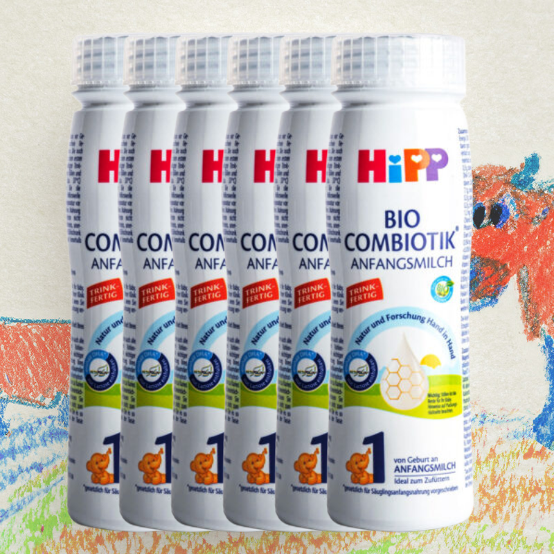 Multiple bottles of HiPP Bio Combiotik Anfangsmilch on a colorful background