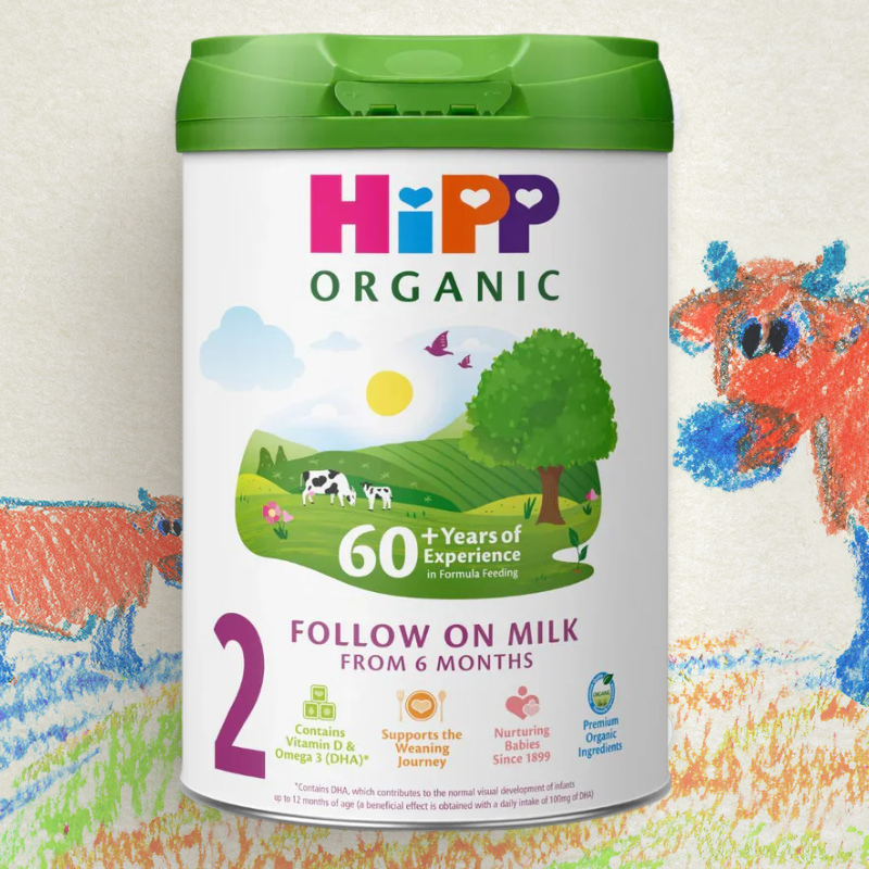 Hipp Organic Follow On Milk container with colorful cow illustrations on a light background