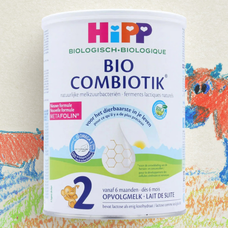Hipp Bio Combiotik baby formula can on a colorful background