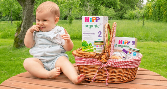 Baby on picnic table next to a basket full of HiPP baby formula
