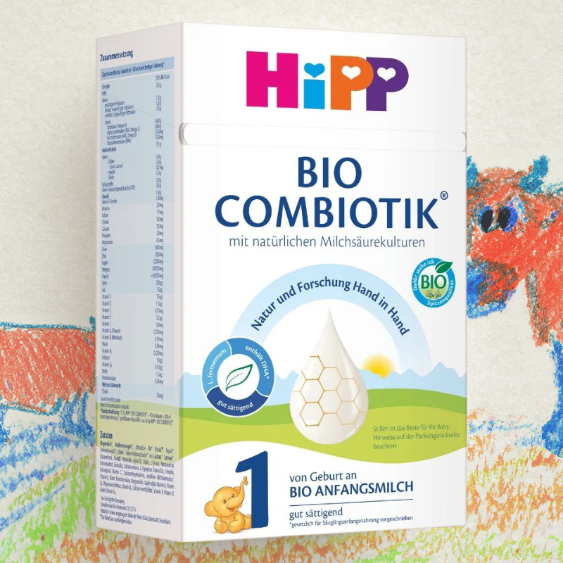 Hipp Bio Combiotik baby formula box on a colorful background