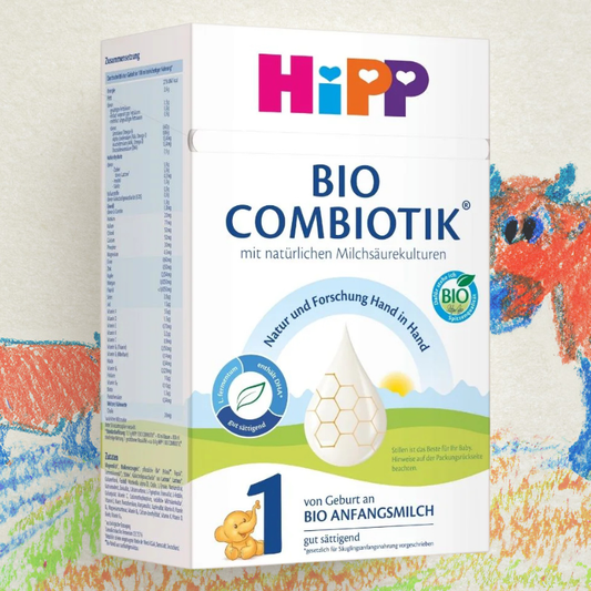 Hipp Bio Combiotik baby formula box on a colorful background