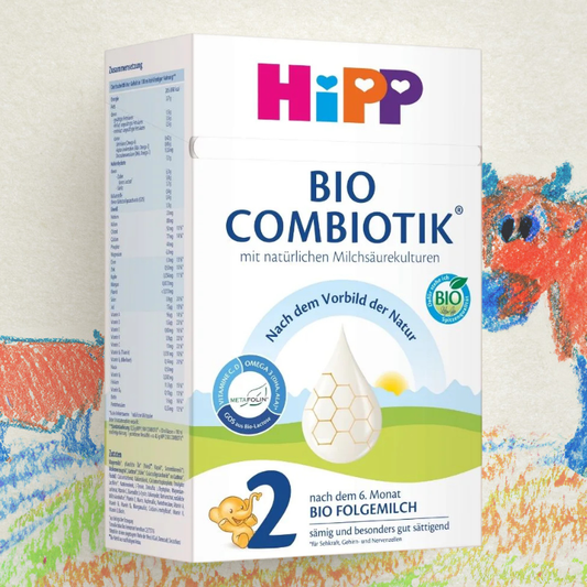 Hipp Bio Combiotik baby formula box on a colorful background