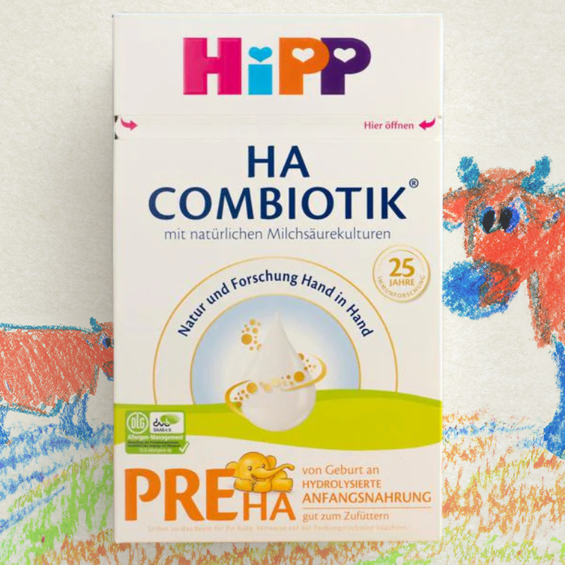 Hipp HA Combiotik baby formula package with colorful cow illustrations on a white background
