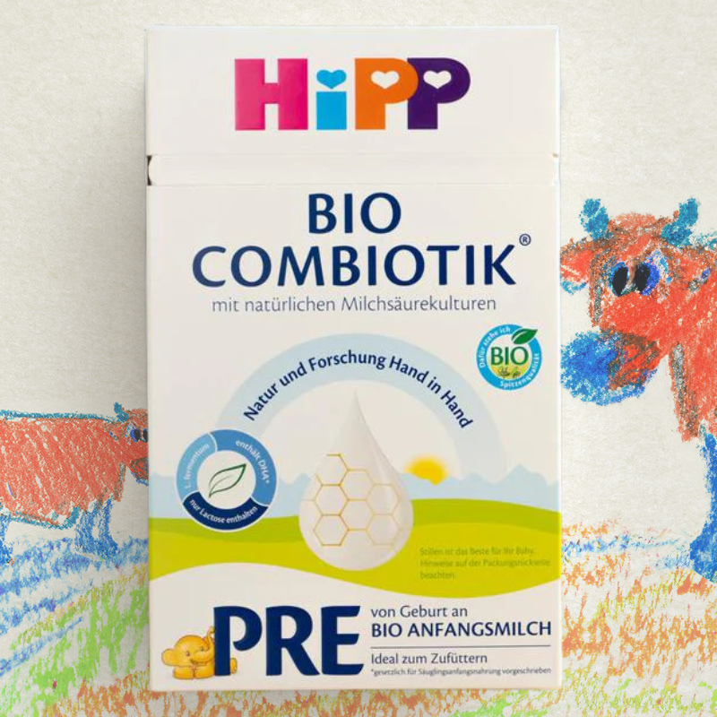 Hipp Bio Combiotik PRE baby formula box with colorful illustrations on a light background