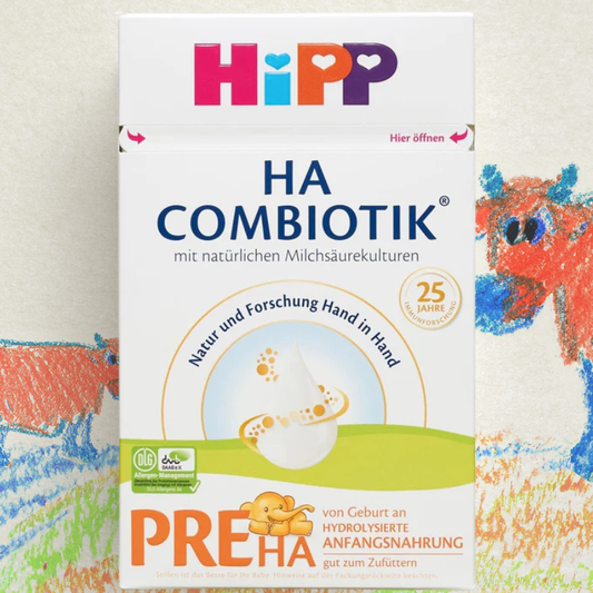 Hipp HA Combiotik baby formula box with colorful illustrations in the background